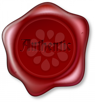 Red wax seal bearing the word authentic. Guarantee of being genuine or authenticity
