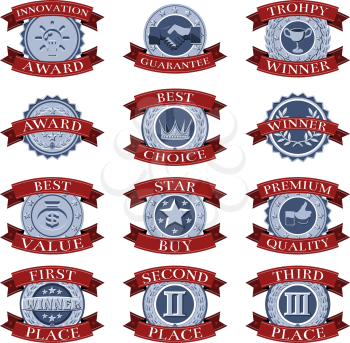 A series of red and blue victory reward shields like those awarded for different review or test categories or evaluations.