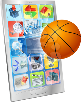 Illustration of a basketball ball flying out of mobile phone screen