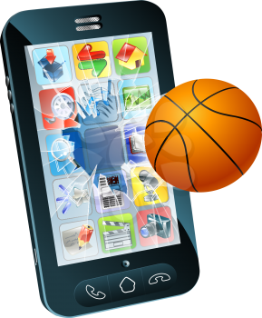 Illustration of a basketball ball flying out of cell phone screen