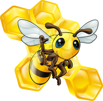 A cute cartoon waving bee with some honeycomb in the background