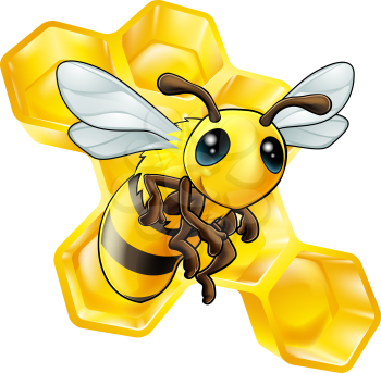 An illustration of a smiling cartoon bee with honeycomb