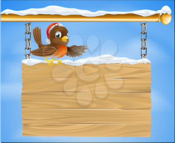 Traditional cartoon Christmas Robin bird on snow covered sign with Santa hat
