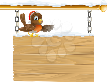 Illustration of a bird with Christmas Santa hat sitting on wooden sign with snow