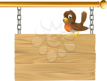 Illustration of a hanging wooden sign with a robin bird seated on it