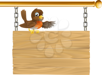 A sweet little happy robin sitting on a wood sign board