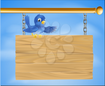 Illustration of a blue bird standing on a on wooden sign
