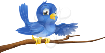 Illustration of a bluebird sitting on a tree branch pointing or showing