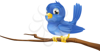 A blue bird cartoon character sitting on a branch