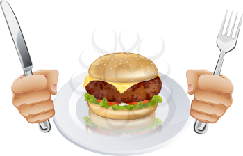 A burger on a plate with hands holding a knife and fork