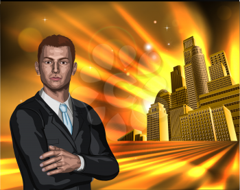 A young business man in a suit with city office blocks in the background.
