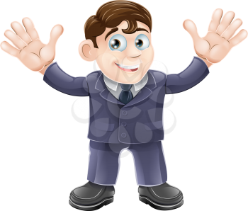 Illustration of a cute businessman in a suit waving with both hands and smiling