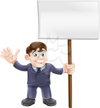 Illustration of a cute businessman holding a sign and waving 