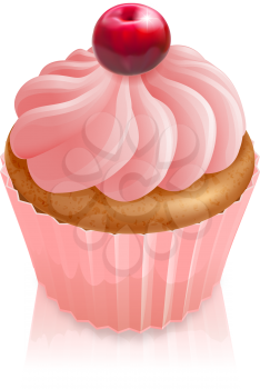 Illustration of a  pink fairy cake cupcake with cherry on top