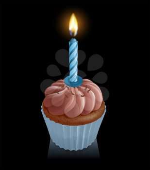 Illustration of chocolate fairy cake cupcake with blue birthday candle