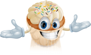 An illustration of a smiling cup cake mascot