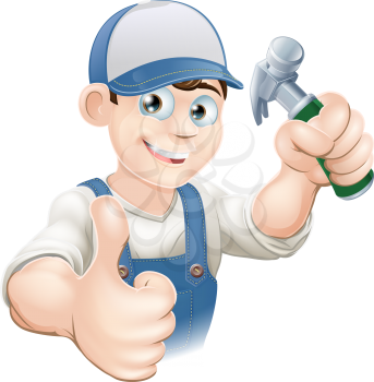 Illustration of a happy handyman, builder, construction worker or carpenter in work clothes holding a hammer and giving thumbs up