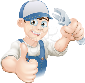 Graphic of a smiling plumber, mechanic or handyman in overalls holding a wrench and giving thumbs up