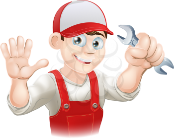 Illustration of a happy plumber or mechanic in his work clothes with wrench