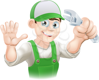 Graphic of smiling plumber or mechanic in overalls holding spanner and waving