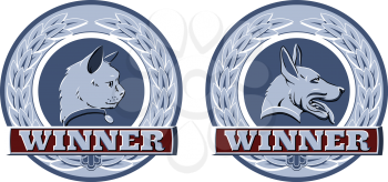 Illustration of cat and dog winners badges or shields in blue and red