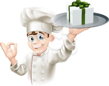 A chef with a gift on a platter. Could be concept for dining rewards or vouchers or gift card or other