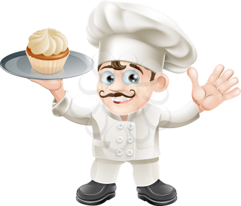 Illustration of a chef or baker with a cake on a plate
