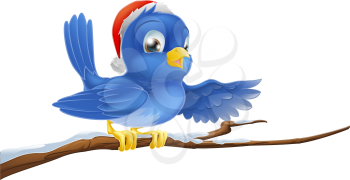 A Christmas bluebird in a Santa hat pointing with its wing