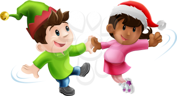 Illustration of two young people in Christmas costume having a dance together