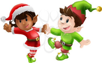 Two happy Christmas elves enjoying a Christmas dance in Santa outfit and elf clothes