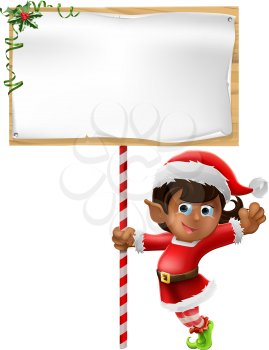 Cartoon woman or girl Christmas elf in Santa Christmas hat holding a sign