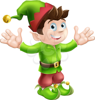 Christmas illustration of a cute happy Christmas Elf smiling and waving