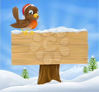 Christmas background illustration with robin bird in Santa hat sitting on wood sign with Christmas landscape
