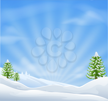 An illustration of an idyllic snow covered Christmas landscape with large sky area for copy when used as a holiday background