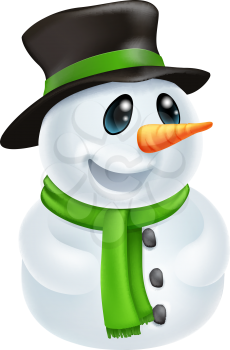 Happy cute cartoon Christmas Snowman character with hat and green scarf