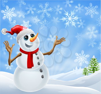 Christmas Snowman standing in a winter landscape with snowflakes and Christmas trees