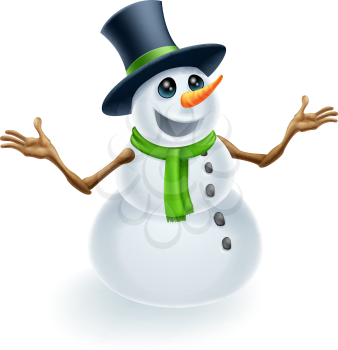 Fun cute Christmas Snowman smiling and wearing a top hat 