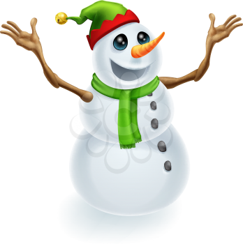 Happy Christmas Snowman wearing a cute green and red pixie or elf hat
