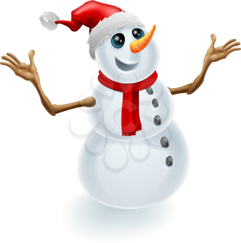 A cute happy Christmas snowman wearing a Santa hat and scarf