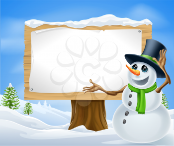 A cute cartoon snowman in Christmas winter scene with sign