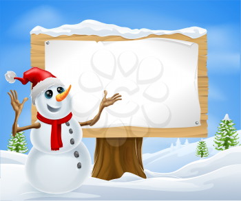Christmas snowman with Santa hat in snowy landscape with sign