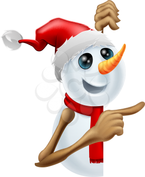 Happy cartoon snowman in a red Santa hat and scarf pointing