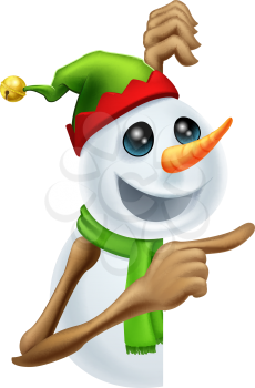 Illustration of a cute happy Christmas snowman in pixie or elf hat pointing