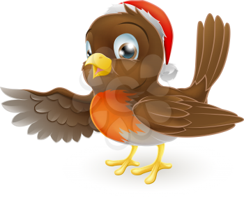 Cartoon Christmas Robin bird mascot in a Christmas hat pointing with its wing