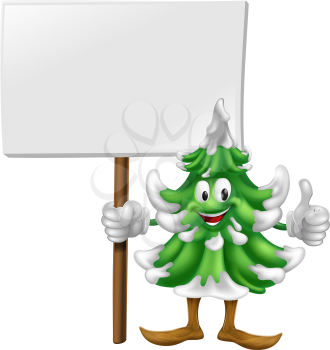 Illustration of a smiling cartoon Christmas tree character holding a sign