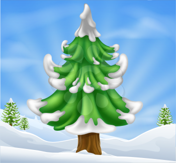 Cartoon illustration of winter scene and Christmas tree
