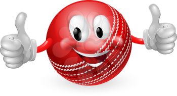 Illustration of a cute happy cricket ball mascot man smiling and giving a thumbs up