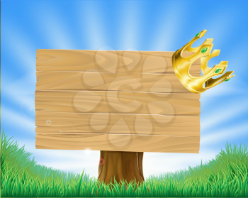 Wooden sign in green field with a retro golden crown hanging on one corner