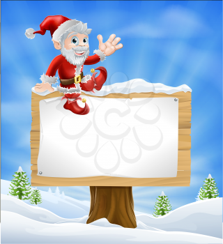 Illustration of happy cartoon Santa Claus sitting on a Christmas sign in winter landscape and waving
