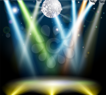 Illustration of a spotlit disco dance floor with mirror ball or disco ball